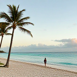 Caribbean Holidays, Barbados Wellness, A peaceful Barbados beach in October with calm turquoise water, soft morning light, palm trees and a relaxed traveller walking along the shore