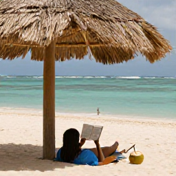 Caribbean Holidays, Barbados Wellness, A quiet Caribbean beach in Barbados with a person relaxing under a palm-thatched umbrella, a book and fresh coconut water nearby