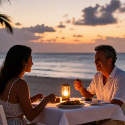 Caribbean Holidays, Barbados Wellness, A relaxed evening in Barbados with a couple dining outdoors near the beach, warm lantern light, local Caribbean food and a sunset sky
