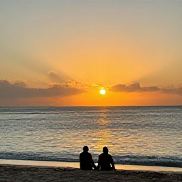 Caribbean Holidays, Barbados Wellness, A tranquil Barbados sunset over the sea, with a quiet beach, warm golden light and a couple sitting peacefully near the shoreline