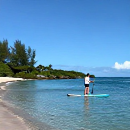 Caribbean Holidays, Barbados Wellness, A traveller practising paddleboarding on calm Barbados water near a sandy beach, with green coastline and clear blue sky