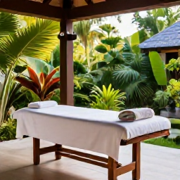Caribbean Holidays, Barbados Wellness, An open-air Barbados spa beside lush tropical gardens, with a massage table, natural wooden details and gentle afternoon light