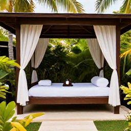 Caribbean Holidays, Barbados Wellness, An open-air spa treatment beside a tropical garden in Barbados, with a shaded cabana, palm trees and natural wellness products