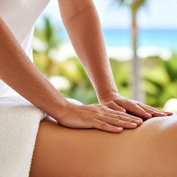 Caribbean Holidays, Barbados Wellness, Barbados spa treatment in a bright tropical resort, relaxed traveller receiving a massage with palms and soft natural light