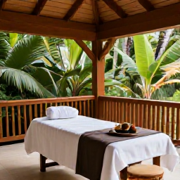 Caribbean Holidays, Barbados Wellness, Barbados spa treatment in a calm open-air setting surrounded by tropical greenery and natural wood details