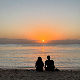 Caribbean Holidays, Barbados Wellness, Barbados sunset over a calm beach, couple sitting quietly near the water, warm orange sky and peaceful Caribbean evening