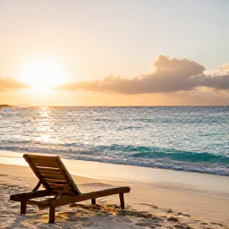 Caribbean Holidays, Barbados Wellness, Calm tropical beach in Barbados at sunrise, soft golden light, gently lapping turquoise sea and a comfortable sun lounger