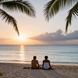 Caribbean Holidays, Barbados Wellness, Couple relaxing beside a quiet Barbados beach at sunset, warm evening light, calm sea and peaceful tropical setting