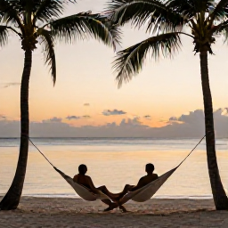 Caribbean Holidays, Barbados Wellness, Couple relaxing in hammocks beside a calm Barbados beach at sunset, warm sky, palm silhouettes and peaceful Caribbean scenery