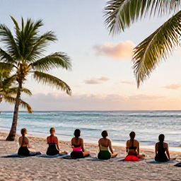 Caribbean Holidays, Barbados Wellness, Early morning yoga on a Barbados beach, small group on mats facing the sea, tropical palms and gentle sunlight