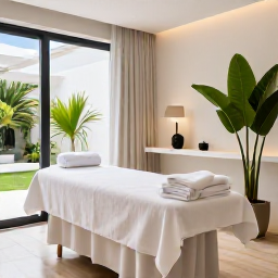 Caribbean Holidays, Barbados Wellness, Elegant Barbados spa treatment room with natural light, tropical plants, white towels and a calm, contemporary design