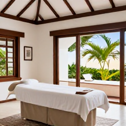 Caribbean Holidays, Barbados Wellness, Elegant Barbados spa treatment room with natural light, tropical plants, wooden details and a relaxed Caribbean setting