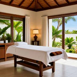 Caribbean Holidays, Barbados Wellness, Elegant Barbados spa treatment room with natural light, tropical plants, wooden furnishings and a relaxed atmosphere