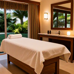 Caribbean Holidays, Barbados Wellness, Elegant Barbados spa treatment room with natural materials, tropical greenery, soft towels and warm relaxing light