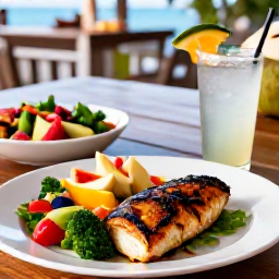 Caribbean Holidays, Barbados Wellness, Fresh healthy Bajan meal with grilled fish, colourful salad, tropical fruit and coconut water at an outdoor restaurant in Barbados