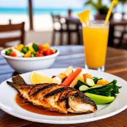 Caribbean Holidays, Barbados Wellness, Fresh healthy Bajan meal with grilled fish, colourful salad, tropical fruit and natural juice served at a relaxed Barbados restaurant