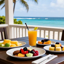 Caribbean Holidays, Barbados Wellness, Fresh tropical fruit, local herbal drink and healthy Caribbean breakfast served on a shaded Barbados terrace