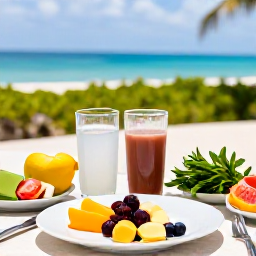 Caribbean Holidays, Barbados Wellness, Healthy Caribbean breakfast in Barbados with fresh tropical fruit, coconut water, herbs and a sea view