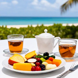 Caribbean Holidays, Barbados Wellness, Healthy Caribbean breakfast in Barbados with fresh tropical fruit, colourful vegetables, herbal tea and a sea view