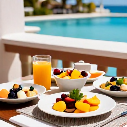 Caribbean Holidays, Barbados Wellness, Healthy Caribbean breakfast with fresh tropical fruit, juice and light local dishes on a shaded Barbados terrace