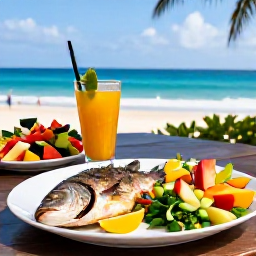 Caribbean Holidays, Barbados Wellness, Healthy Caribbean lunch in Barbados with fresh fish, colourful salad, tropical fruit and a sea view
