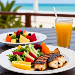 Caribbean Holidays, Barbados Wellness, Healthy Caribbean lunch in Barbados with grilled fish, colourful salad, tropical fruit and fresh juice on a shaded terrace