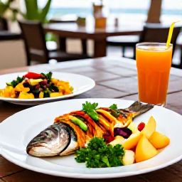 Caribbean Holidays, Barbados Wellness, Healthy colourful Bajan meal with fresh fish, tropical fruit, salad and natural juice served at a relaxed open-air restaurant