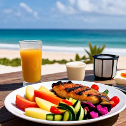 Caribbean Holidays, Barbados Wellness, Healthy colourful Caribbean lunch in Barbados with fresh fruit, grilled fish, vegetables and a view of the sea