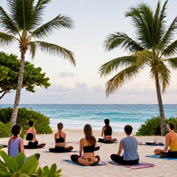 Caribbean Holidays, Barbados Wellness, Open-air yoga class on a peaceful Barbados beach, tropical greenery, blue sea and small group enjoying a calm January morning