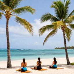 Caribbean Holidays, Barbados Wellness, Outdoor yoga class on a quiet Barbados beach, palm trees, natural wooden mats and calm blue Caribbean water