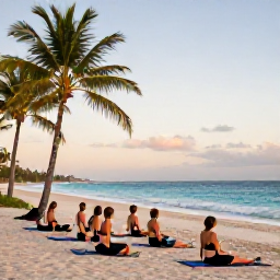 Caribbean Holidays, Barbados Wellness, Outdoor yoga session on a Barbados beach, small group on exercise mats, palm trees, blue sea and soft early morning light