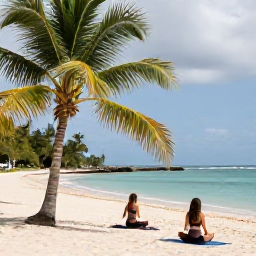 Caribbean Holidays, Barbados Wellness, Outdoor yoga session on a quiet Barbados beach, green palms, pale sand and calm blue water in the background