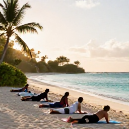 Caribbean Holidays, Barbados Wellness, Outdoor yoga session on a quiet Barbados beach, visitors stretching on mats beside turquoise water with tropical greenery and morning sunlight