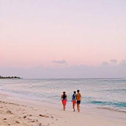 Caribbean Holidays, Barbados Wellness, Peaceful Barbados evening with a couple walking along a quiet beach, pastel sunset sky and calm sea
