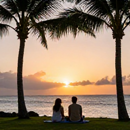 Caribbean Holidays, Barbados Wellness, Peaceful Barbados sunset over the sea with palm trees, warm evening light and a quiet couple enjoying the view