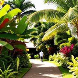 Caribbean Holidays, Barbados Wellness, Peaceful botanical garden in Barbados with lush tropical plants, winding path, palms and a visitor exploring in warm September sunshine