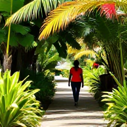 Caribbean Holidays, Barbados Wellness, Peaceful botanical garden in Barbados with tropical plants, shaded paths and a visitor exploring slowly