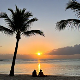 Caribbean Holidays, Barbados Wellness, Peaceful sunset over the west coast of Barbados, calm sea, palm silhouettes and a couple relaxing on the beach