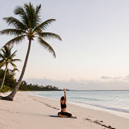 Caribbean Holidays, Barbados Wellness, Person doing gentle yoga on a Barbados beach at sunrise, palm trees, pale sand and calm Caribbean water