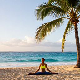 Caribbean Holidays, Barbados Wellness, Person enjoying a gentle yoga session on a Barbados beach, palm trees, turquoise water and early morning light