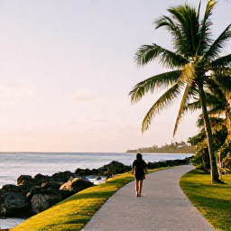 Caribbean Holidays, Barbados Wellness, Person walking along a quiet coastal path in Barbados with sea views, palms and soft morning sunshine