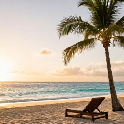 Caribbean Holidays, Barbados Wellness, Quiet Barbados beach at sunrise in January, soft golden light, calm turquoise sea and a comfortable sun lounger beneath palm trees