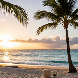 Caribbean Holidays, Barbados Wellness, Quiet Barbados beach at sunrise in July, calm turquoise sea, soft golden light, palm trees and a peaceful wellness atmosphere