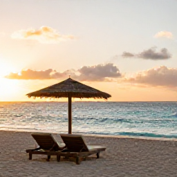 Caribbean Holidays, Barbados Wellness, Quiet Barbados beach at sunrise in June, soft golden light, calm turquoise sea and a comfortable shaded lounger