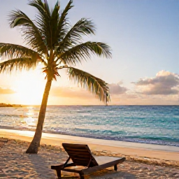 Caribbean Holidays, Barbados Wellness, Quiet Barbados beach at sunrise in March, soft golden light, calm turquoise sea and a comfortable sun lounger beneath a palm tree