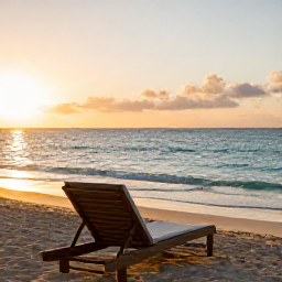 Caribbean Holidays, Barbados Wellness, Quiet Barbados beach at sunrise in September, calm turquoise water, soft golden light, a comfortable sun lounger and a peaceful tropical setting