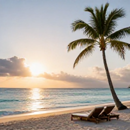 Caribbean Holidays, Barbados Wellness, Quiet Barbados beach at sunrise with palm trees, calm turquoise water and a comfortable couple of loungers