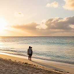 Caribbean Holidays, Barbados Wellness, Quiet Barbados beach at sunrise with soft golden light, calm turquoise water and a relaxed couple walking along the shore