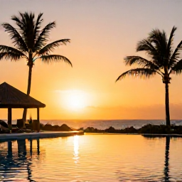 Caribbean Holidays, Barbados Wellness, Quiet Barbados resort at sunset with palm trees, peaceful swimming pool and warm orange Caribbean sky