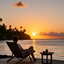 Caribbean Holidays, Barbados Wellness, Quiet Barbados sunset overlooking the sea, traveller in a comfortable chair, warm evening light and peaceful tropical landscape